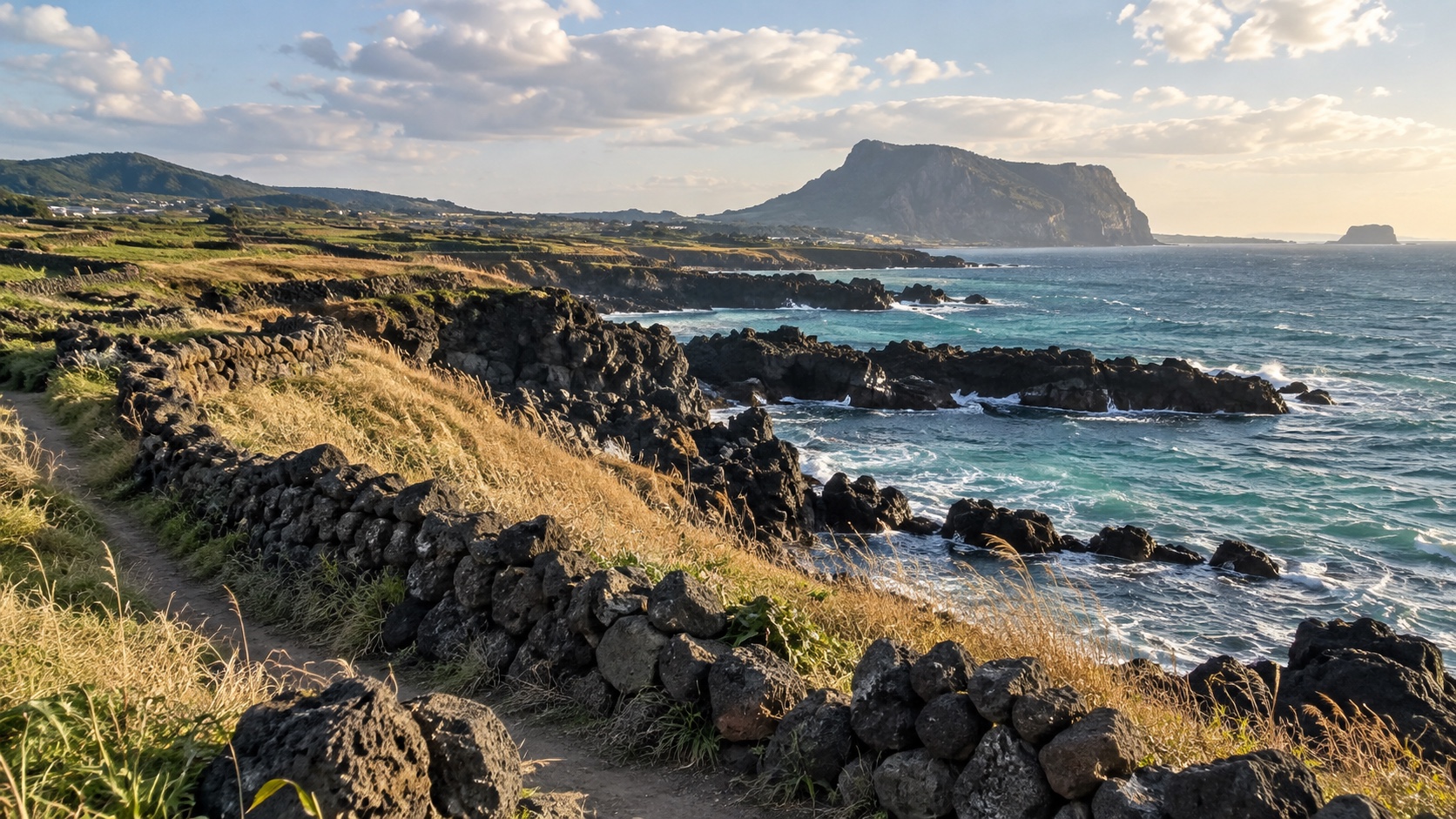 Jeju Island volcanic coast with black basalt, stone walls, and turquoise water
