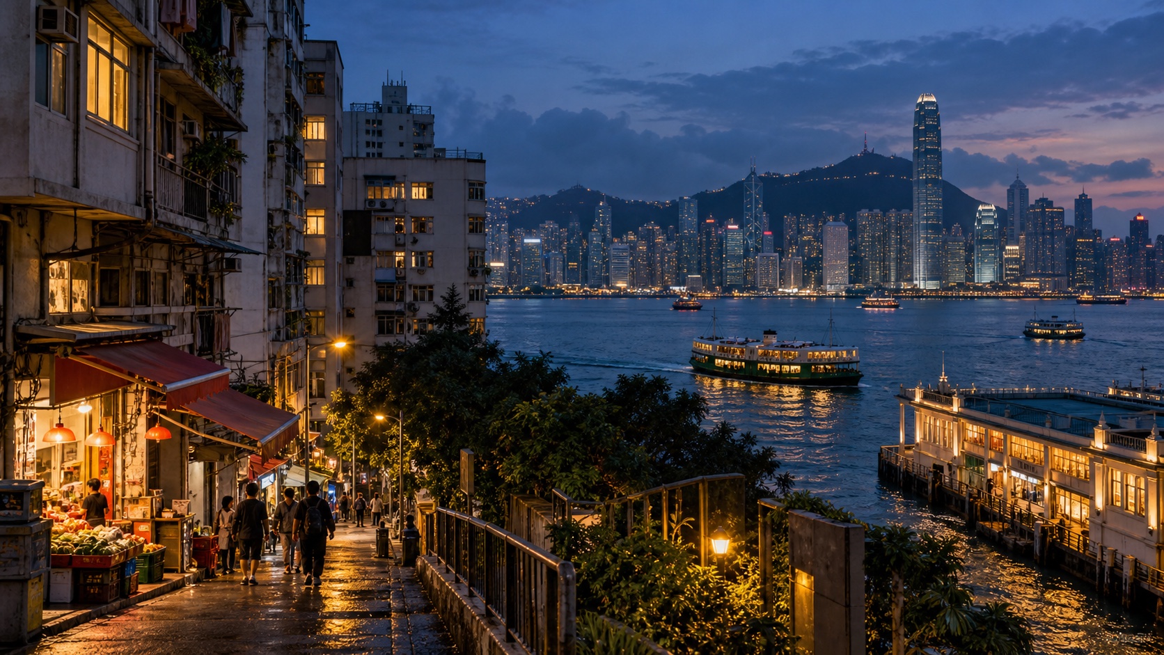 Hong Kong harbour at blue hour viewed from a lived-in hillside neighbourhood