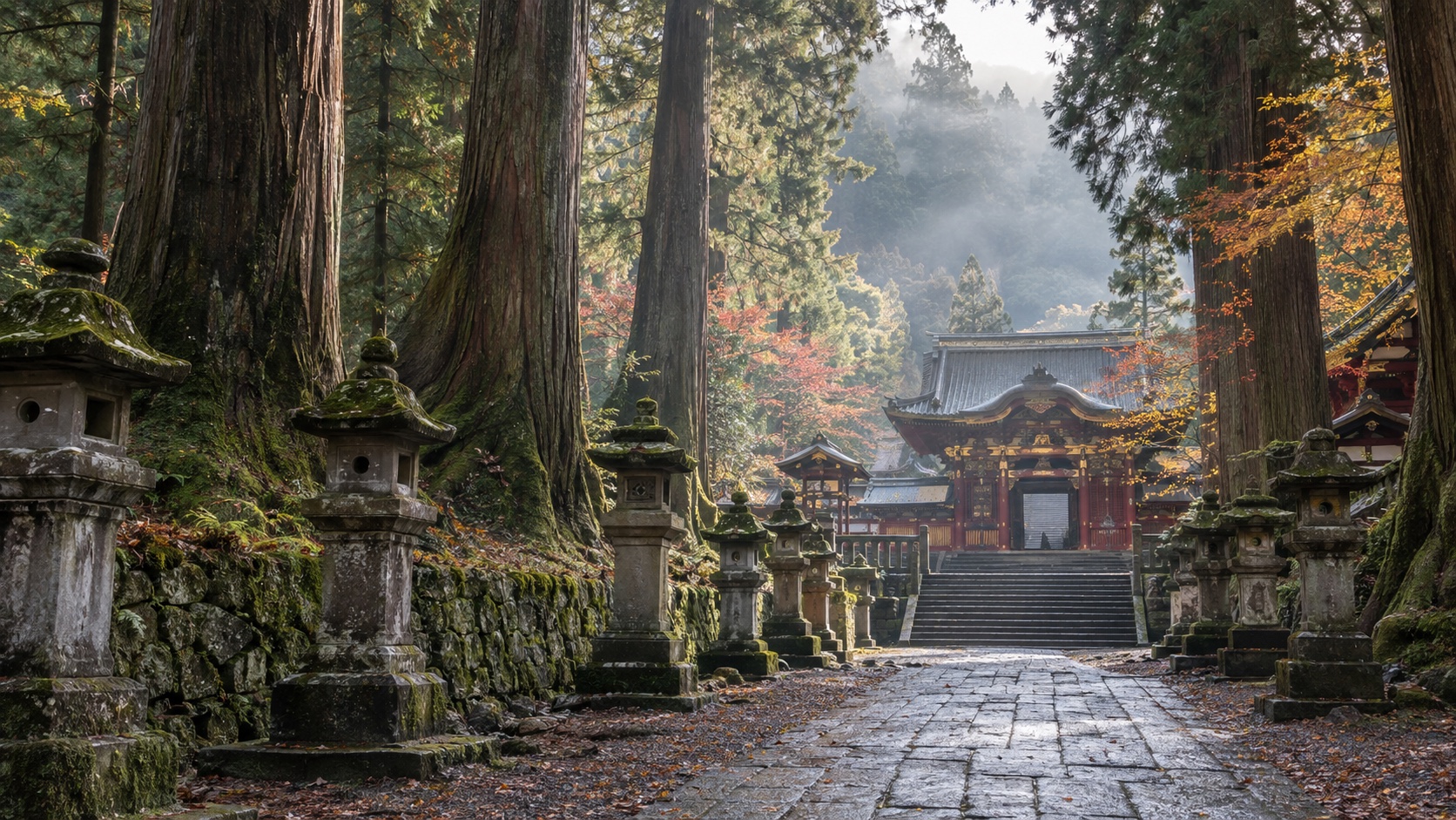 Nikko shrine approached through a cedar forest in soft autumn light