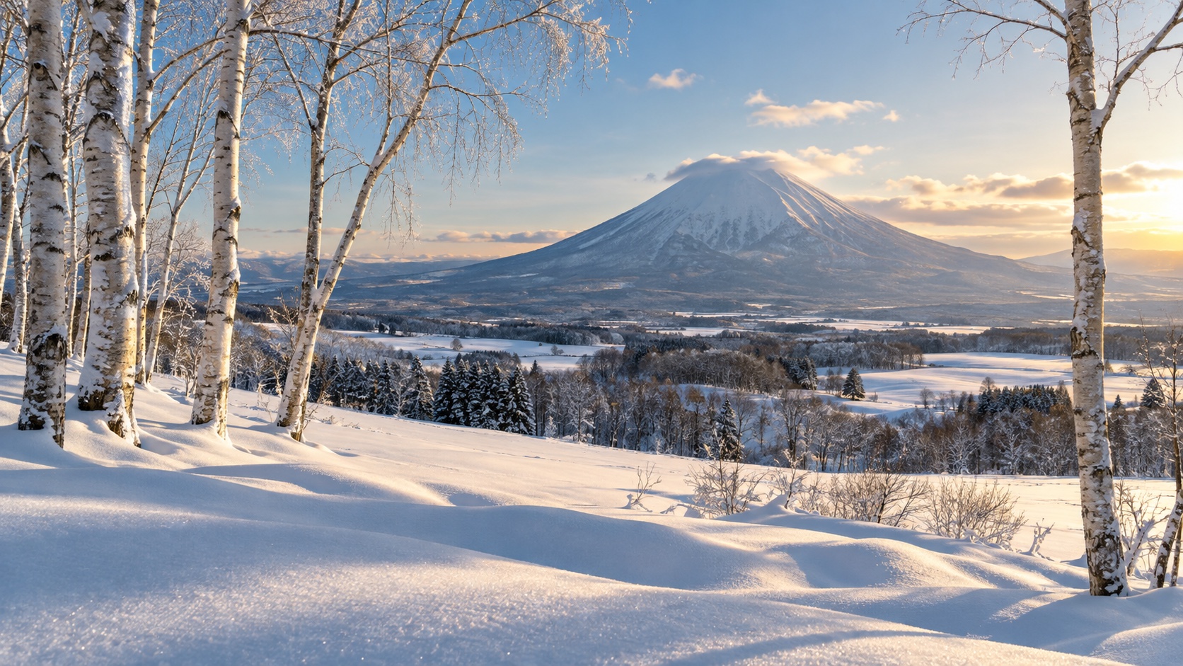 Snow-covered Hokkaido landscape with birch trees and Mount Yotei near Niseko