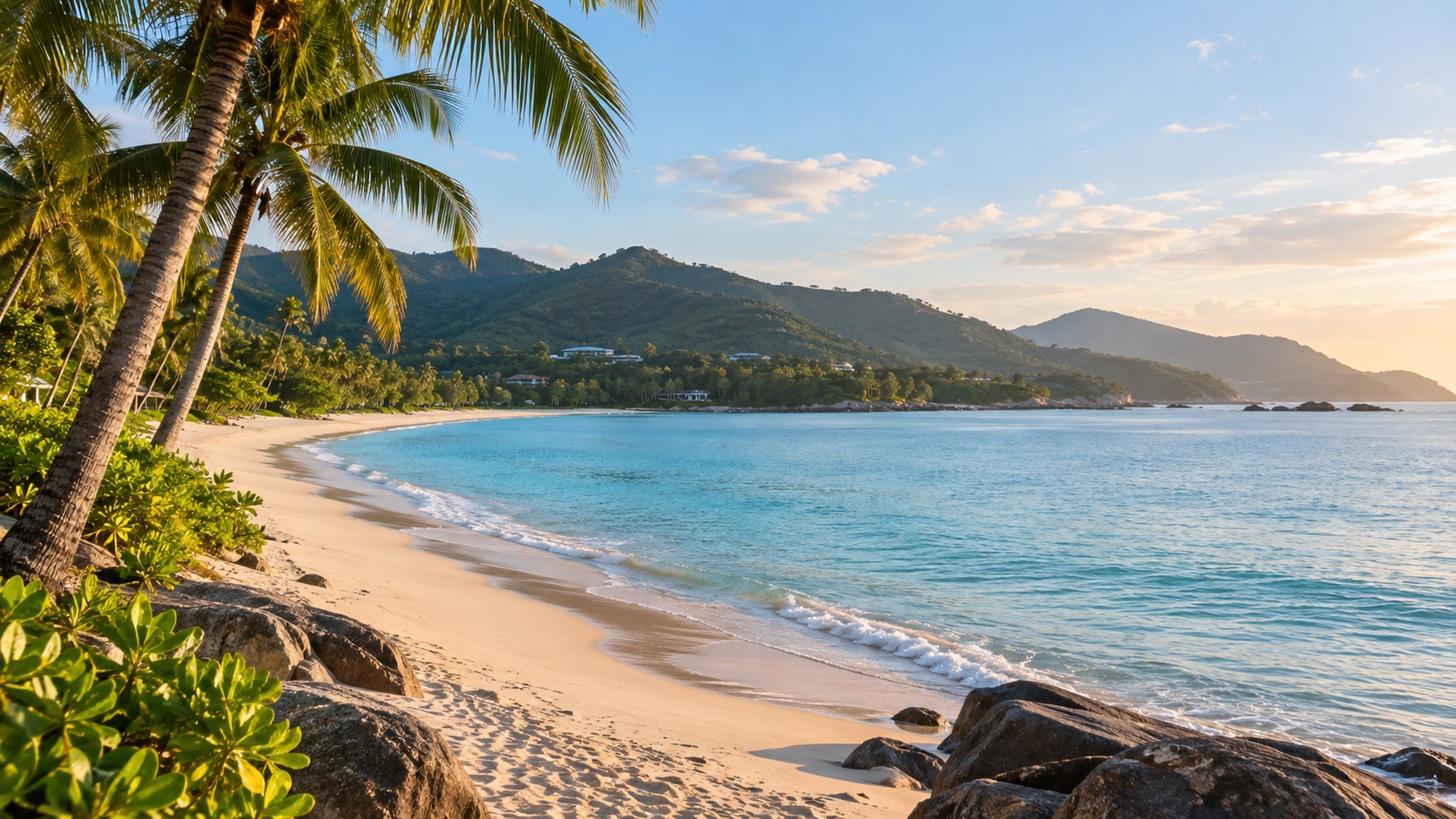 Quiet sandy bay and palms along the tropical coast near Sanya