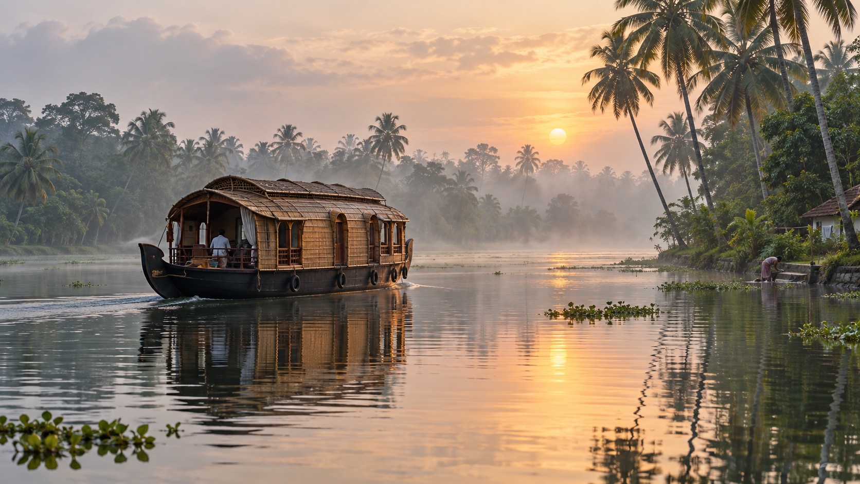Traditional houseboat moving through Kerala backwaters at sunrise