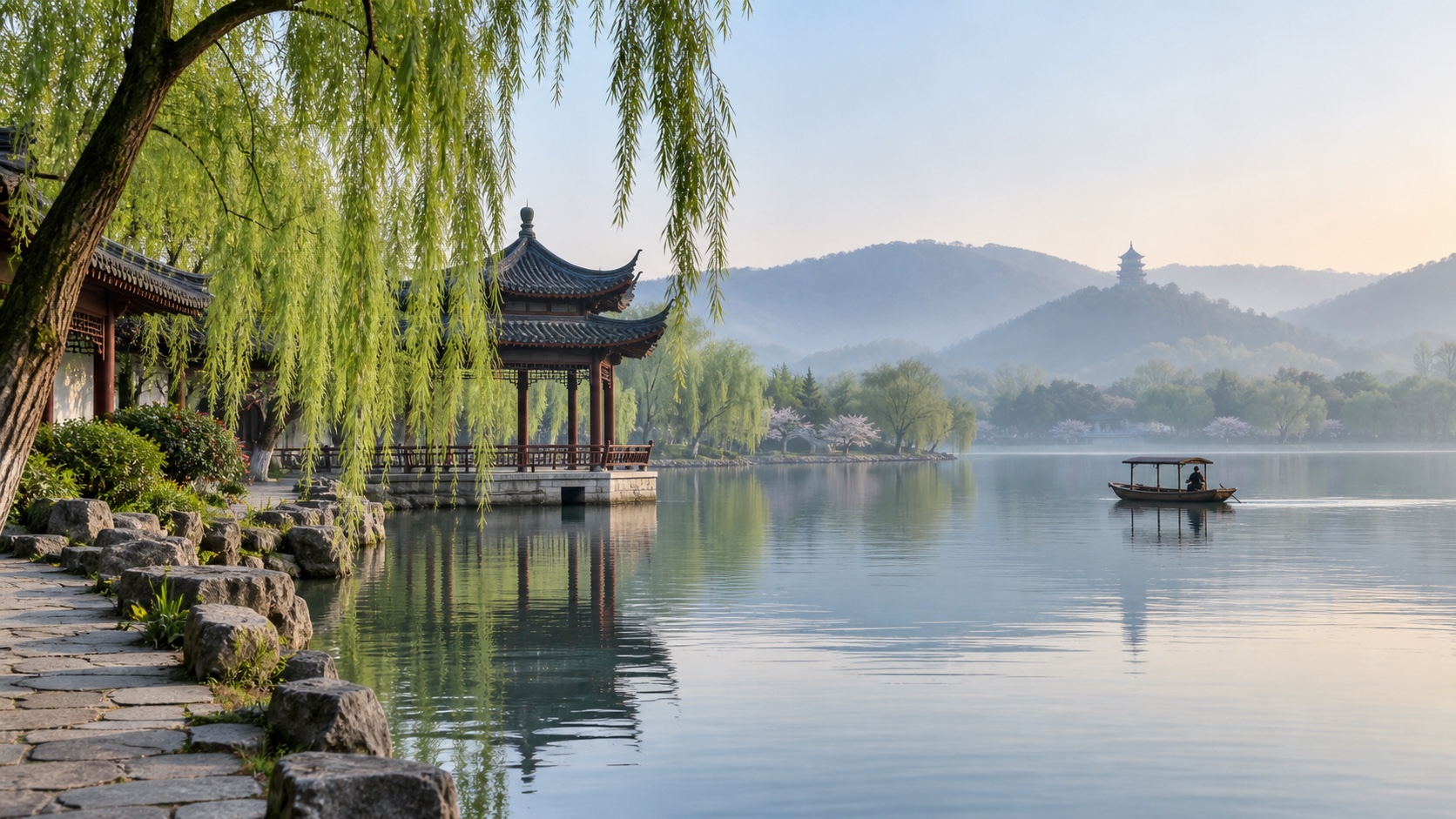 Willow-lined West Lake in Hangzhou with a traditional pavilion and distant hills