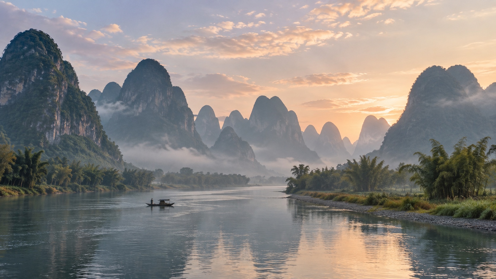Li River winding through misty karst peaks near Guilin