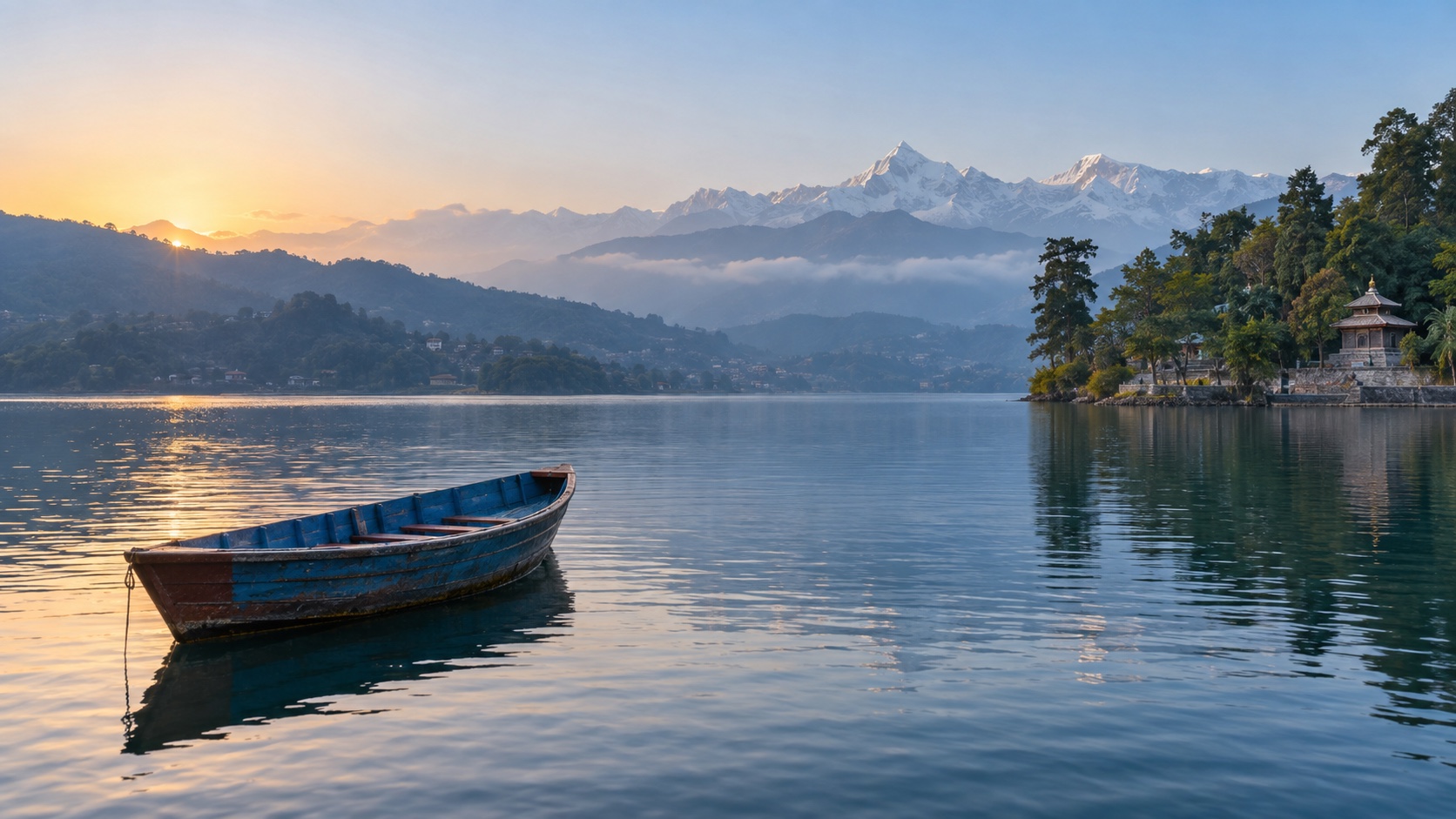 Wooden boat on Phewa Lake with the Annapurna range beyond Pokhara