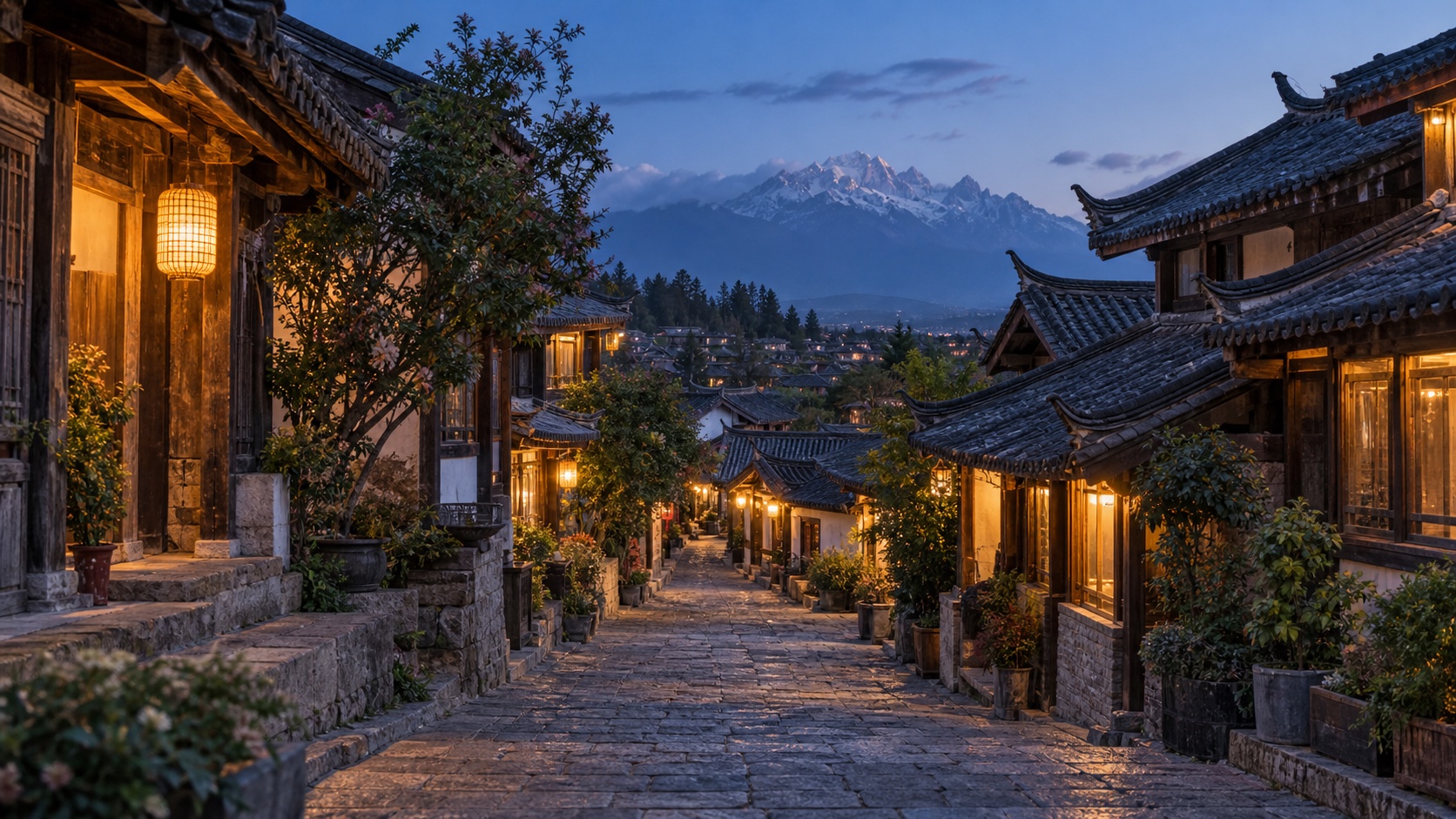 Lijiang old town lane with tiled roofs and Jade Dragon Snow Mountain at dusk