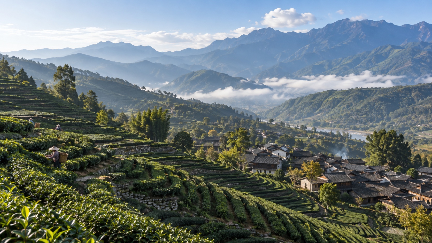 Terraced tea hills and a traditional village beneath the mountains of Yunnan