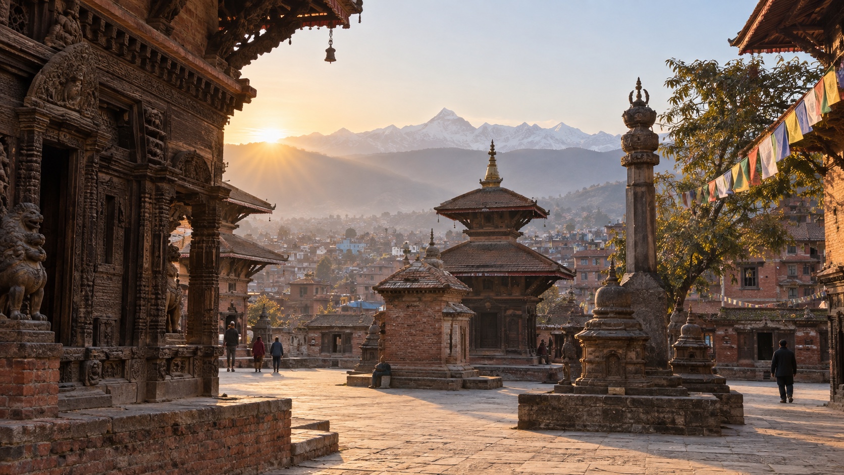 Historic Kathmandu courtyard with carved temples and Himalayan light beyond