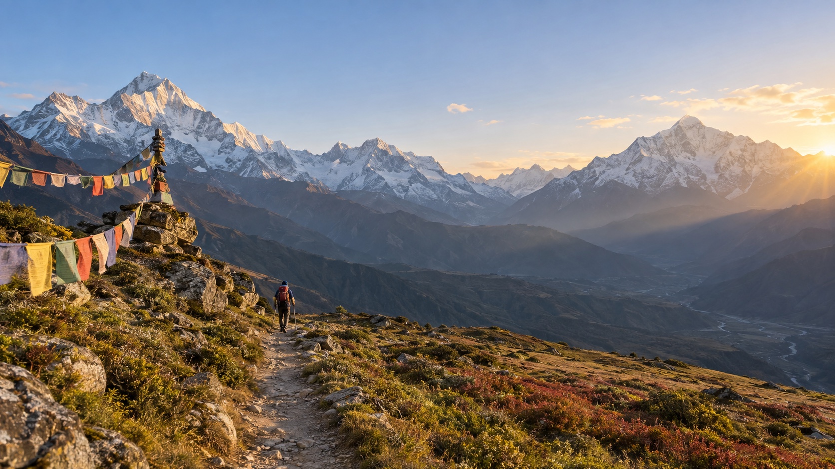 Himalayan trail with prayer flags and snow peaks in the Nepal Himalayas