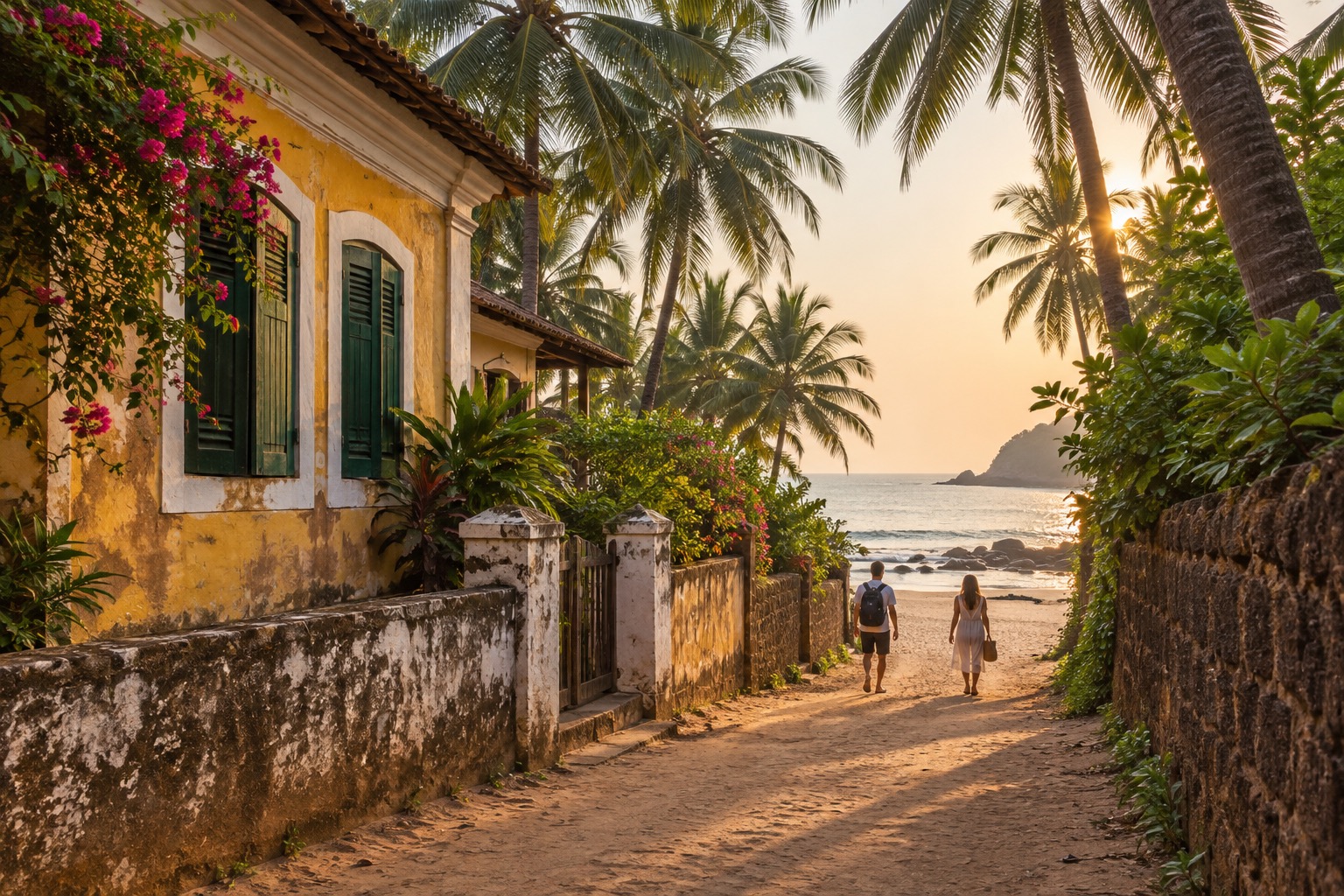 Palm lined lane leading from an old Goan house toward the beach at sunset