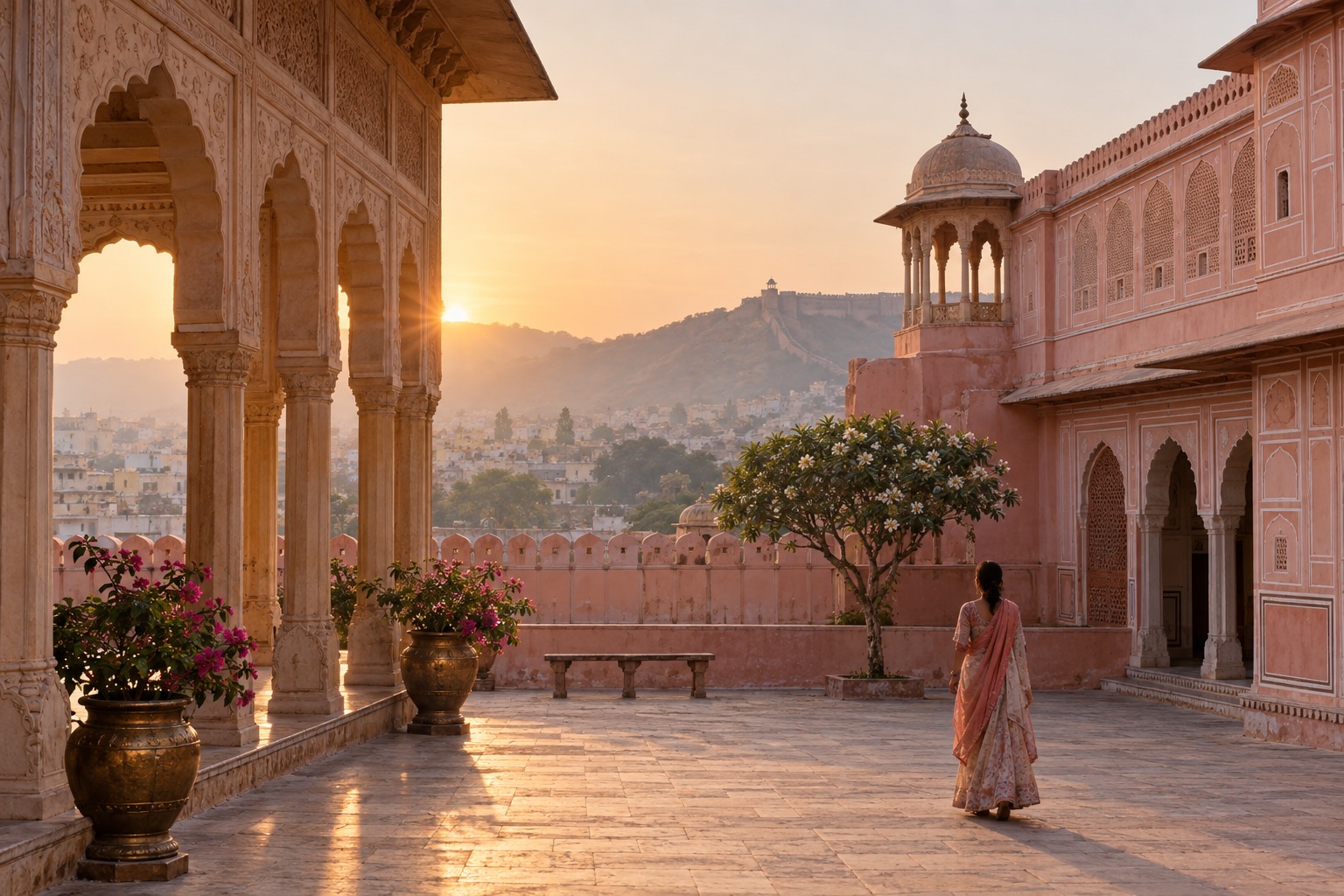 Jaipur palace courtyard glowing in warm morning light with Amber Fort beyond