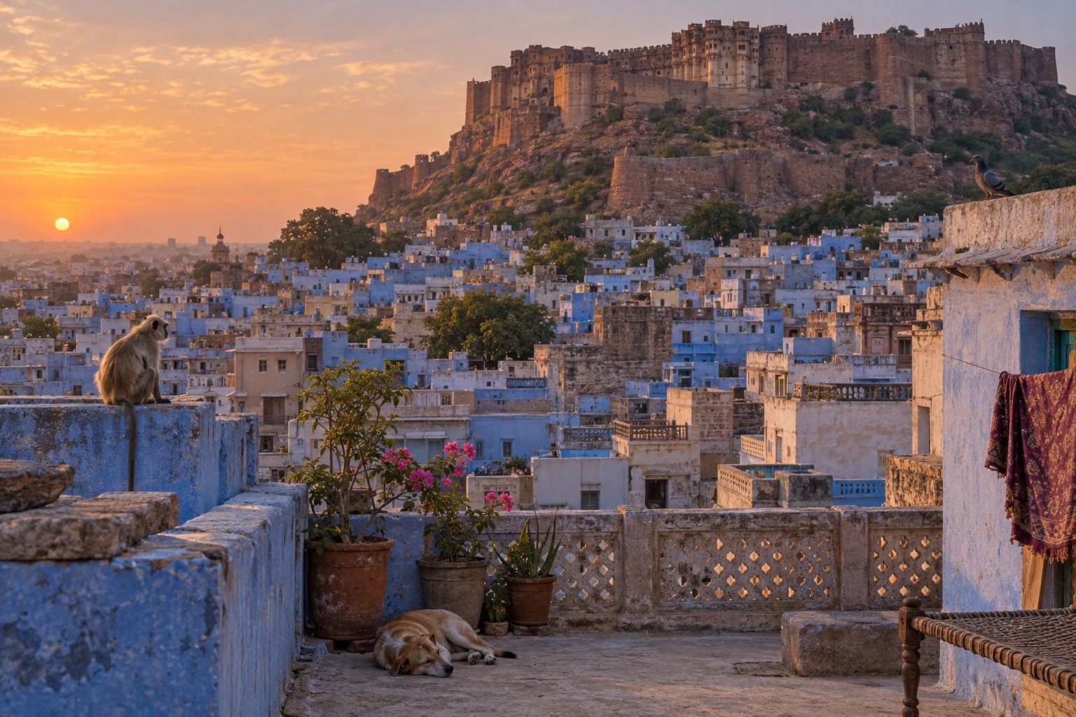 Mehrangarh Fort rising above Jodhpur’s blue painted houses at sunset