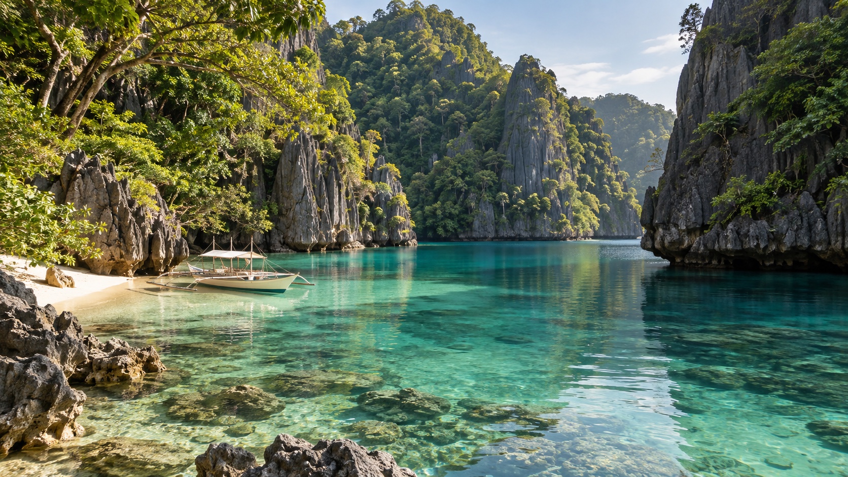 Limestone lagoon and traditional outrigger boat in Palawan