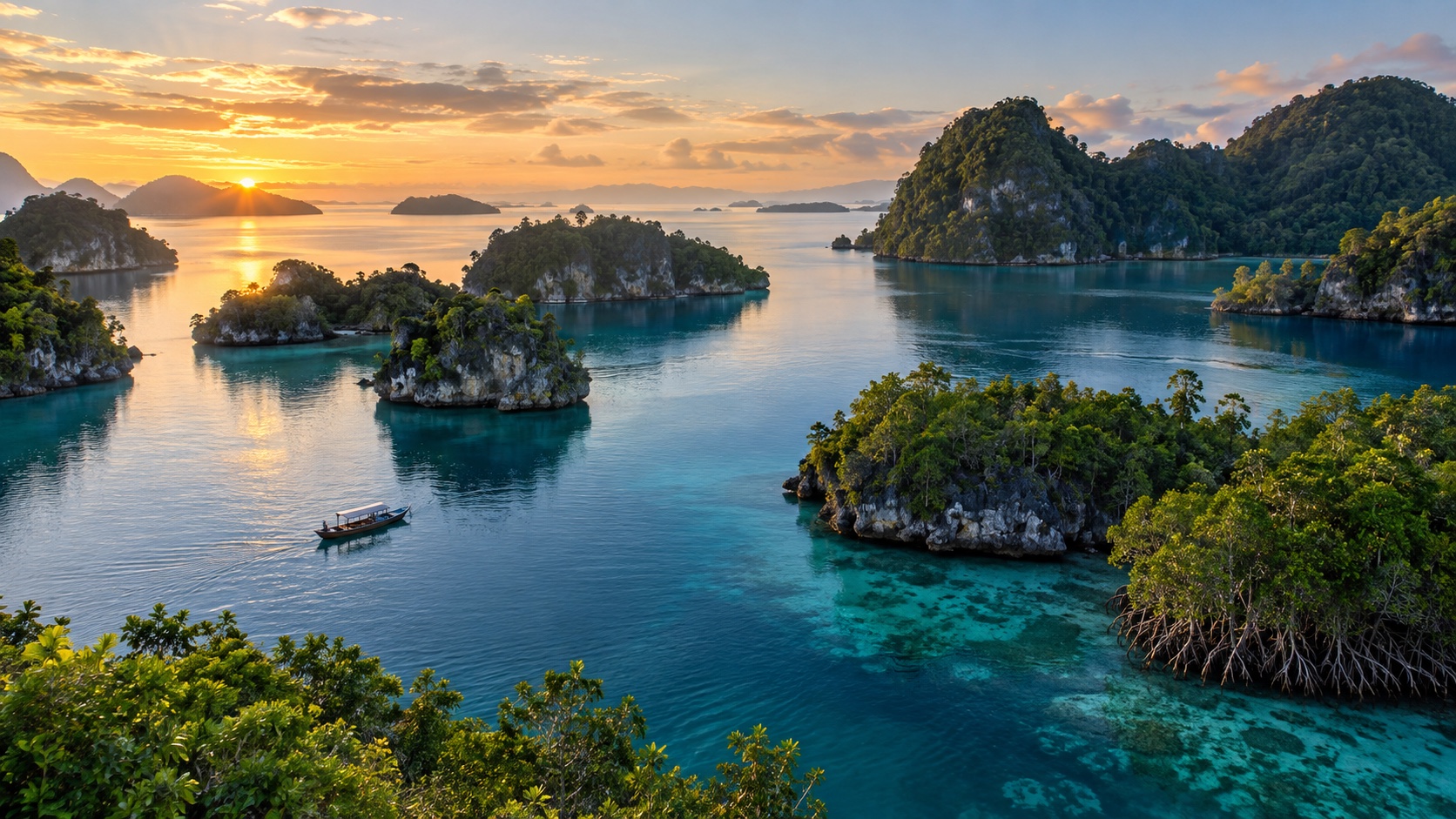 Limestone islands and clear turquoise water at sunrise in Raja Ampat