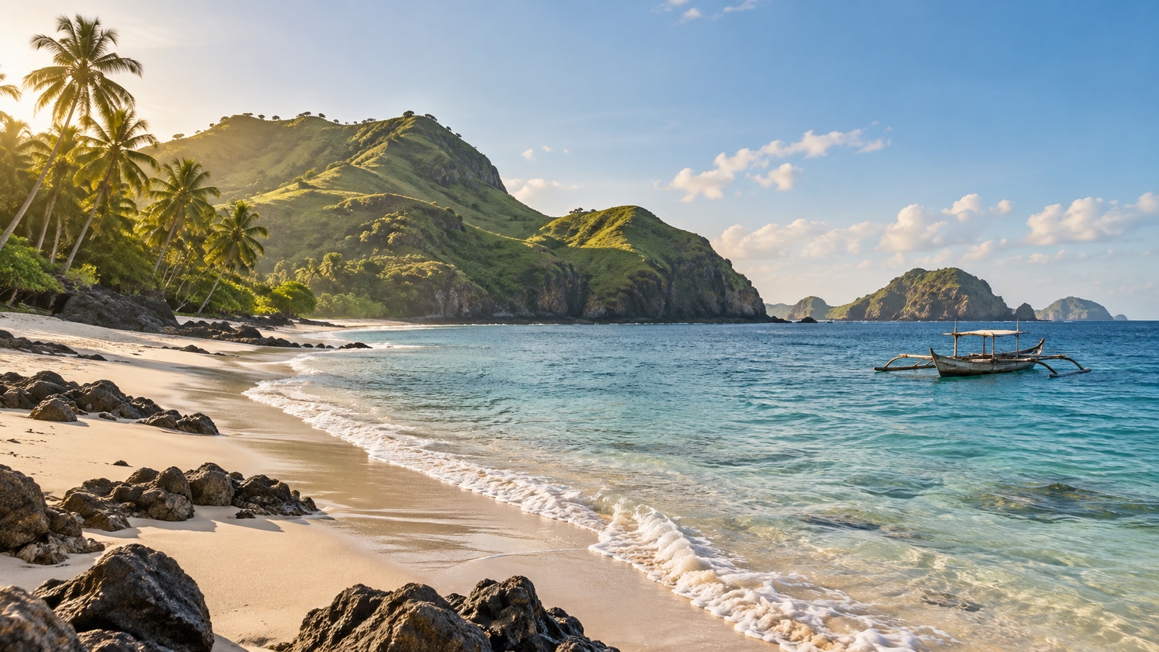 Quiet Lombok beach with coconut palms, green hills, and a traditional boat