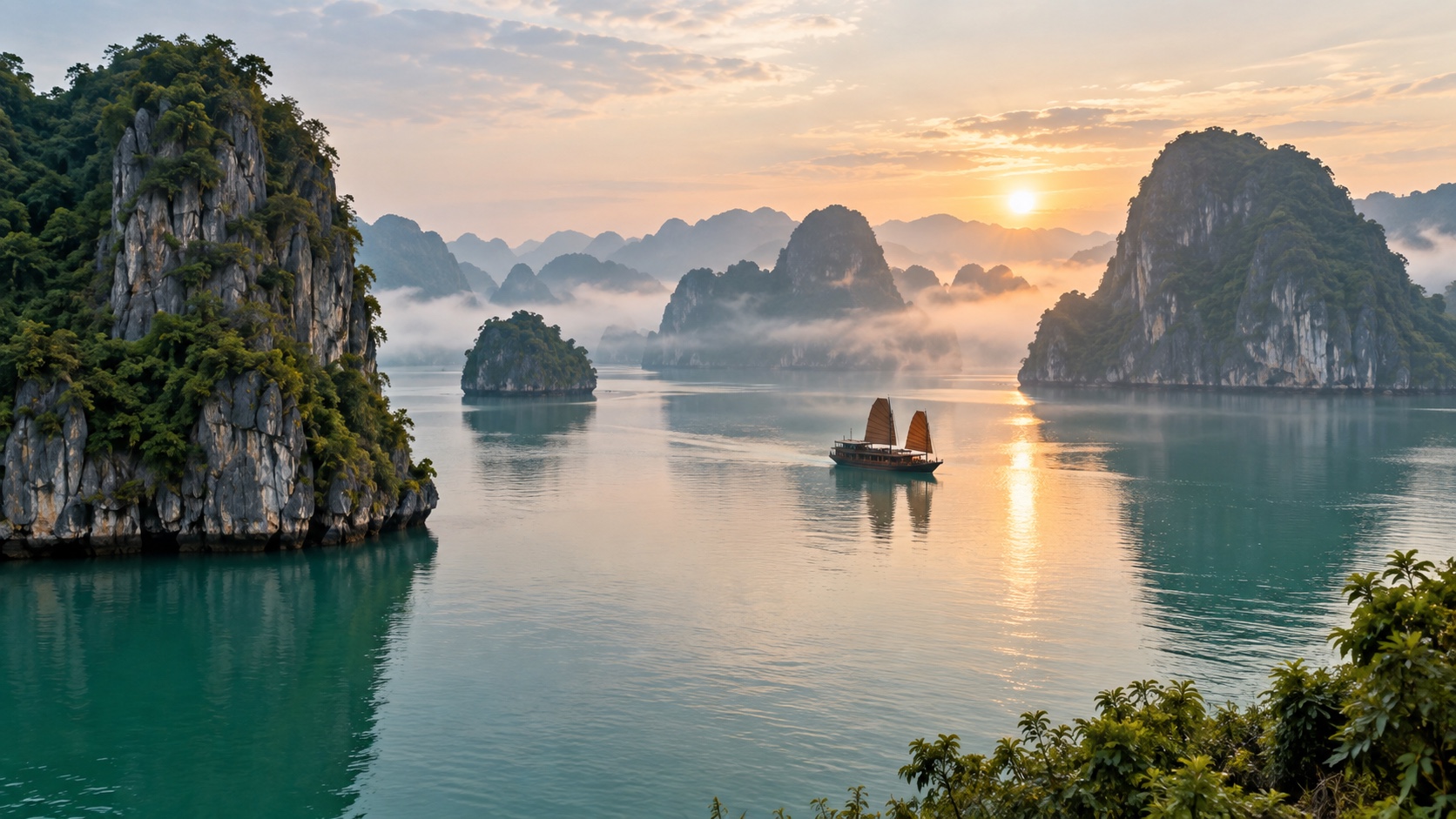 Limestone karst islands and a traditional boat on Ha Long Bay at sunrise