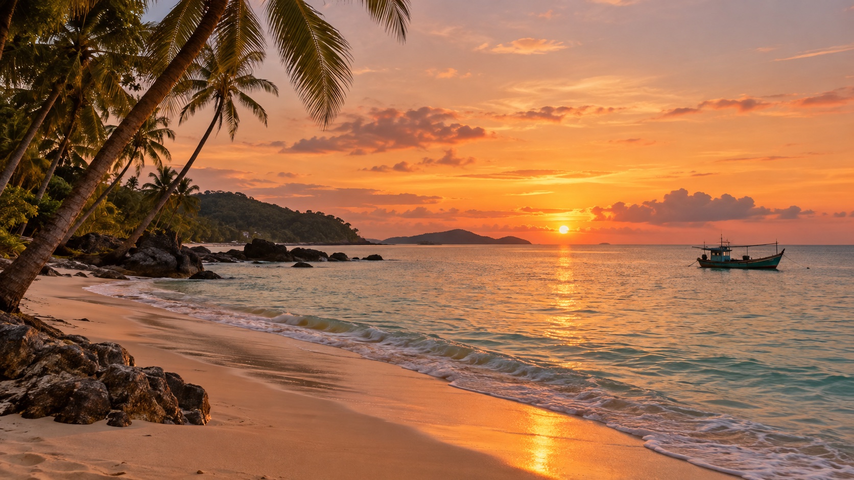 Phu Quoc beach at sunset with palms, calm water, and a small fishing boat