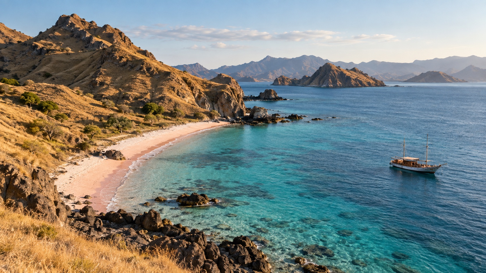Rugged Komodo Islands coast with turquoise water, dry hills, and a traditional boat