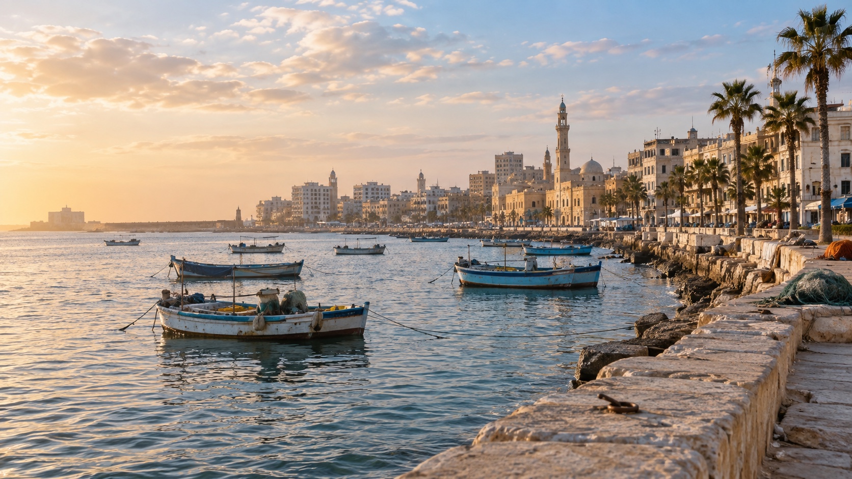 Alexandria waterfront with fishing boats and the Mediterranean skyline in warm evening light