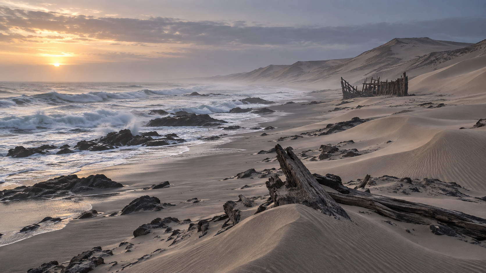 Wild Atlantic surf and coastal dunes beside weathered shipwreck timber on Namibia’s Skeleton Coast