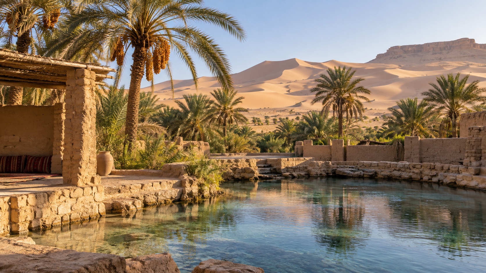 Palm-filled Siwa Oasis beside a clear spring and desert dunes in warm morning light