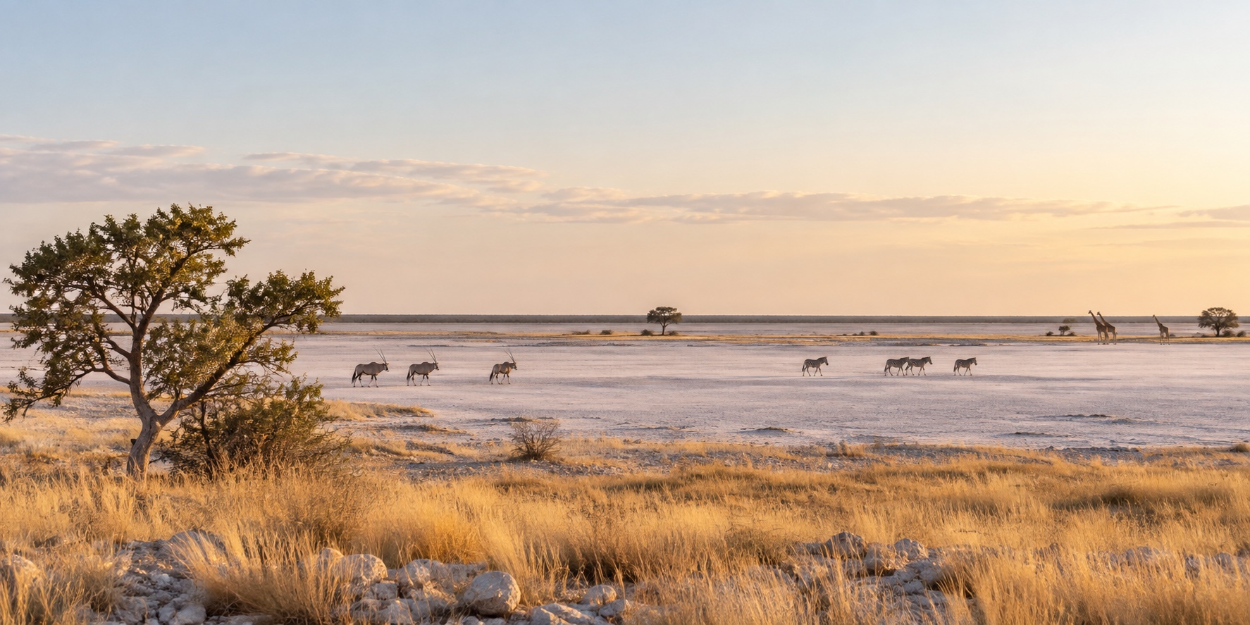 Oryx crossing the pale Etosha salt pan at sunrise with a lone tree in the foreground