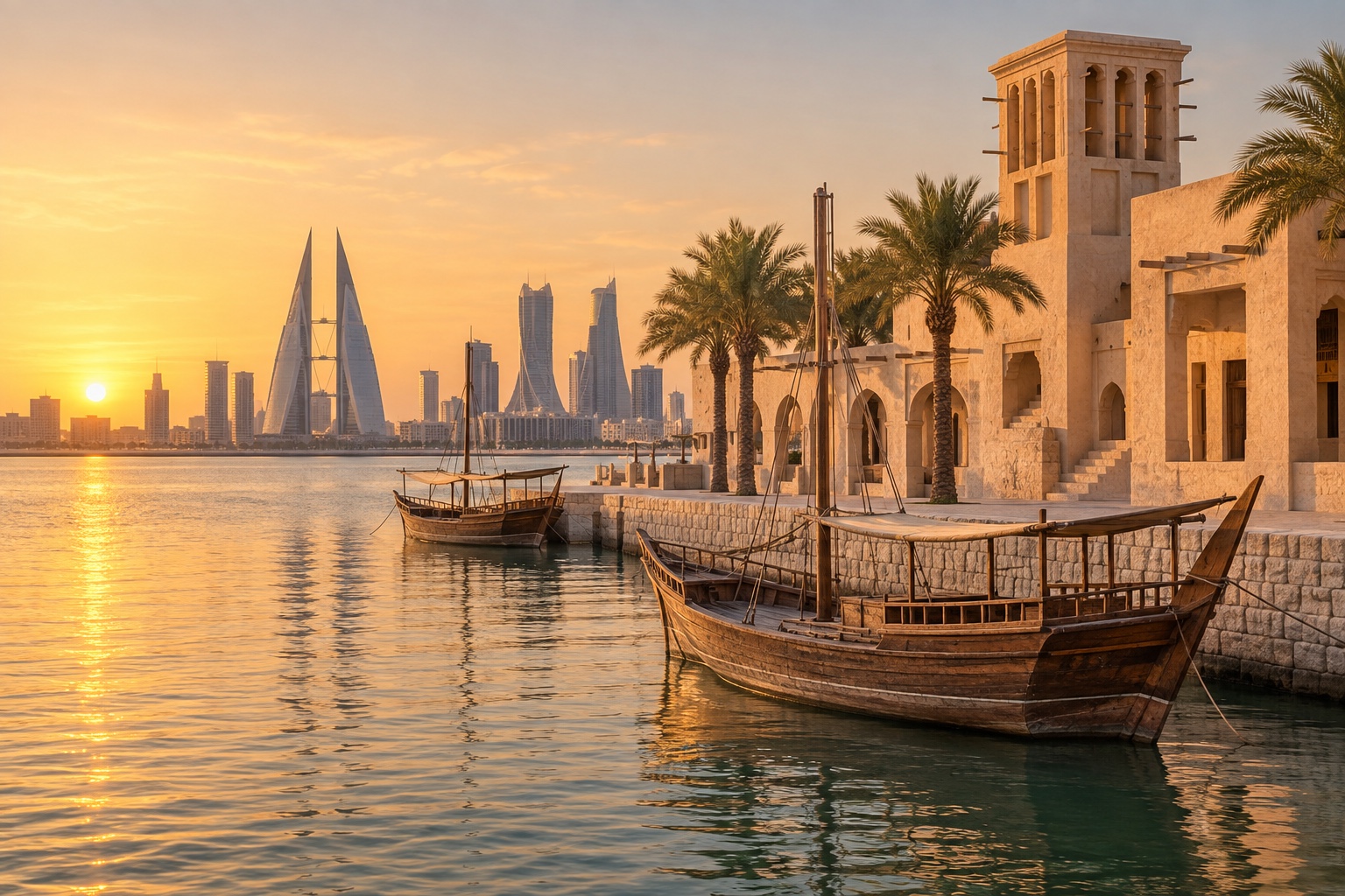 Traditional dhow boats and historic waterfront architecture in Bahrain at sunset