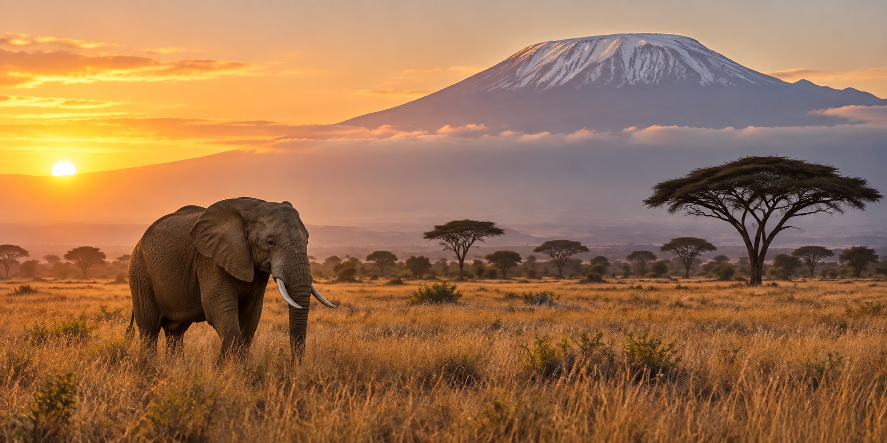 Elephant walking through golden Amboseli grass with Mount Kilimanjaro behind
