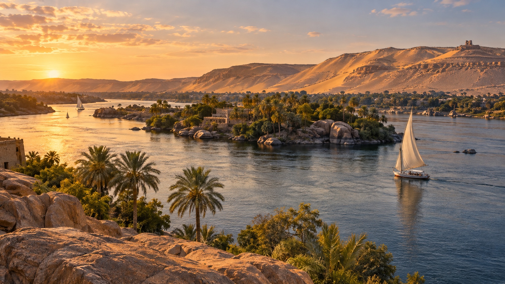 Felucca sailing past palm-lined islands on the Nile in Aswan at sunset