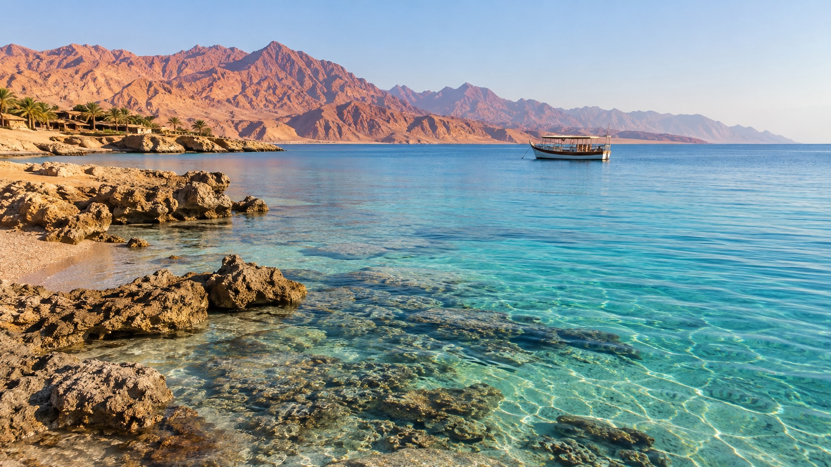 Clear turquoise Red Sea water with desert mountains and a quiet boat near Sharm El Sheikh