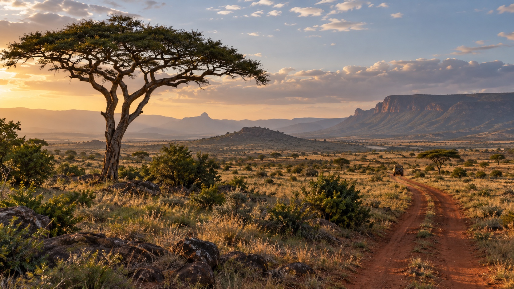 Acacia tree and red-earth safari track across the open Laikipia landscape
