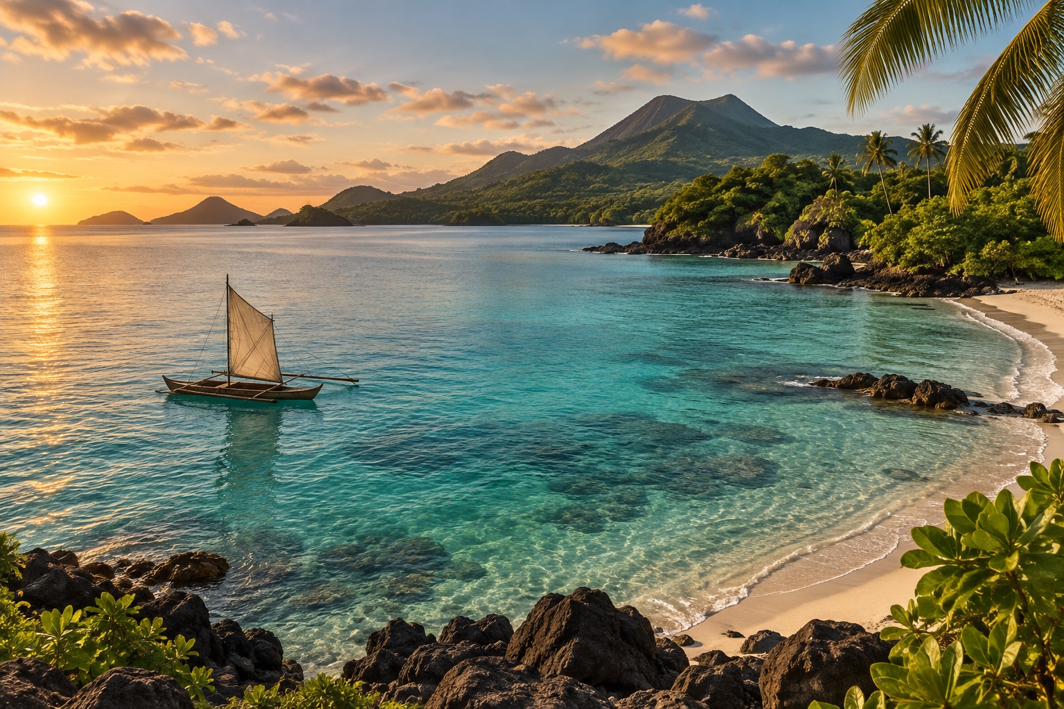 Traditional outrigger boat on the clear turquoise water of Nosy Be, Madagascar