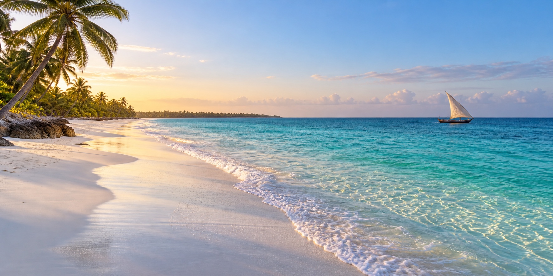White sand beach, turquoise water, palms, and a dhow at Diani Beach in Kenya