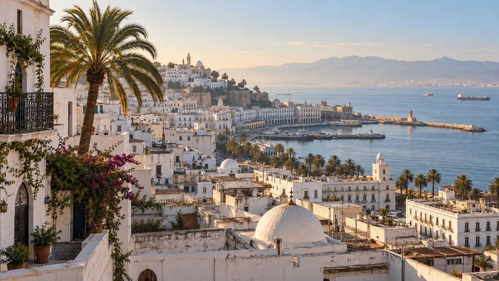 White hillside buildings and the Mediterranean harbour of Algiers in soft morning light