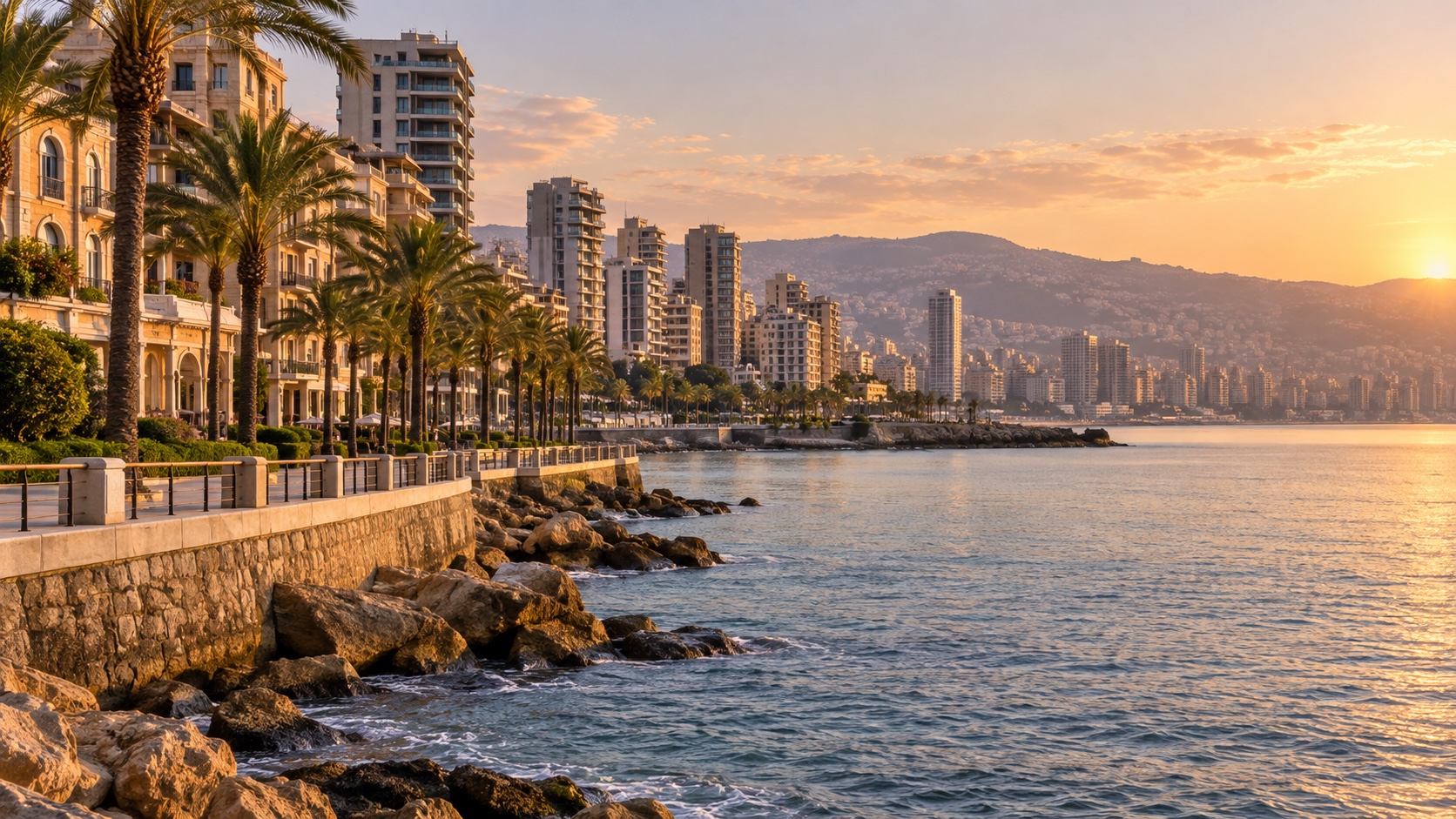 Beirut’s Mediterranean waterfront and palm-lined corniche at sunset