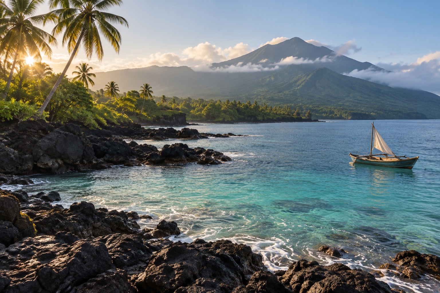 Lush volcanic Comoros coastline with black rocks, palms, and a small fishing boat