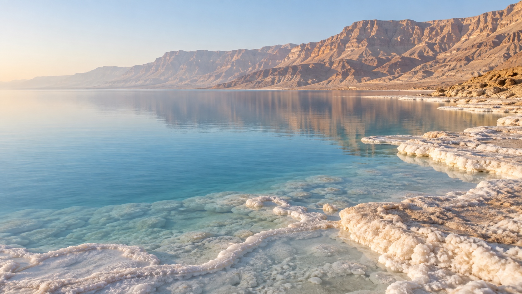Salt-crusted shoreline and calm blue water beneath the mountains at Jordan’s Dead Sea