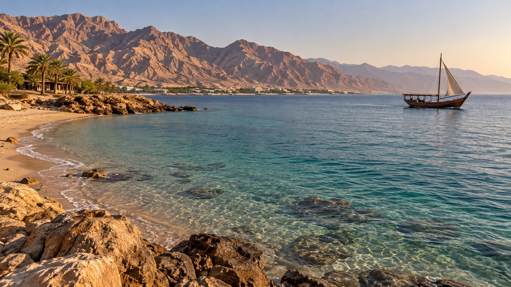 Clear Red Sea water and a traditional dhow beneath the mountains of Aqaba, Jordan