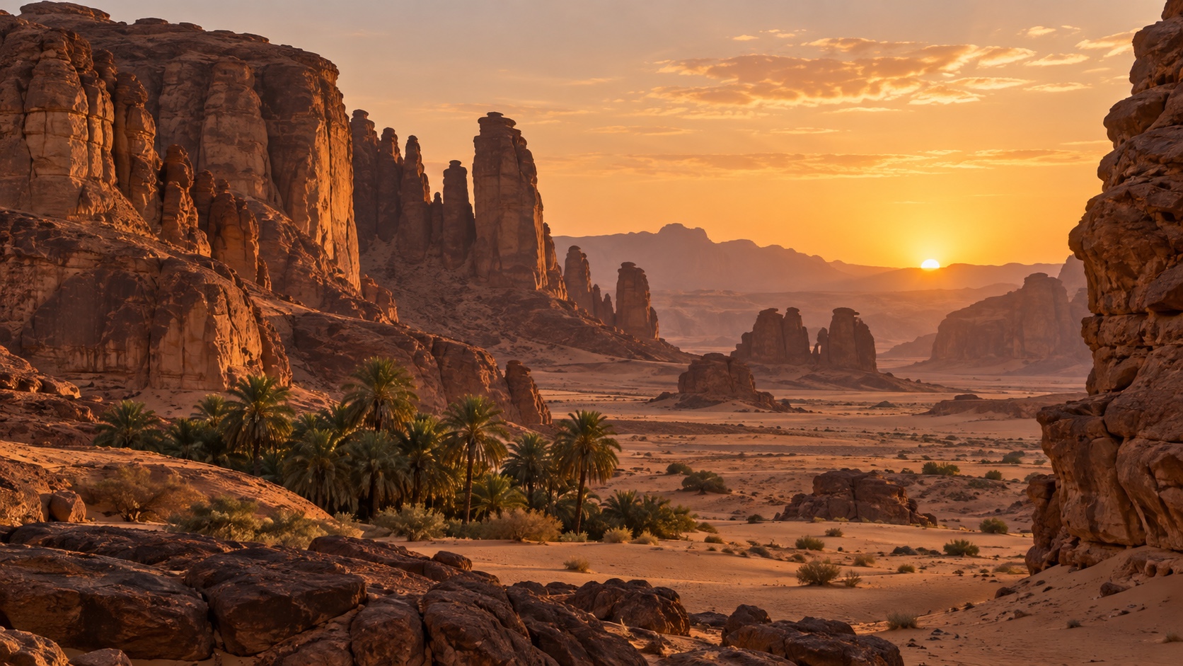 Sandstone cliffs and palm trees in AlUla, Saudi Arabia, at sunset
