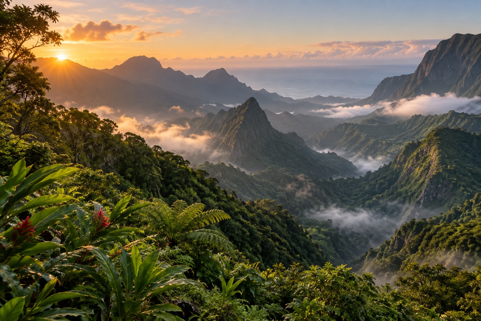 Lush volcanic valley and layered mountain ridges on Réunion Island at sunrise