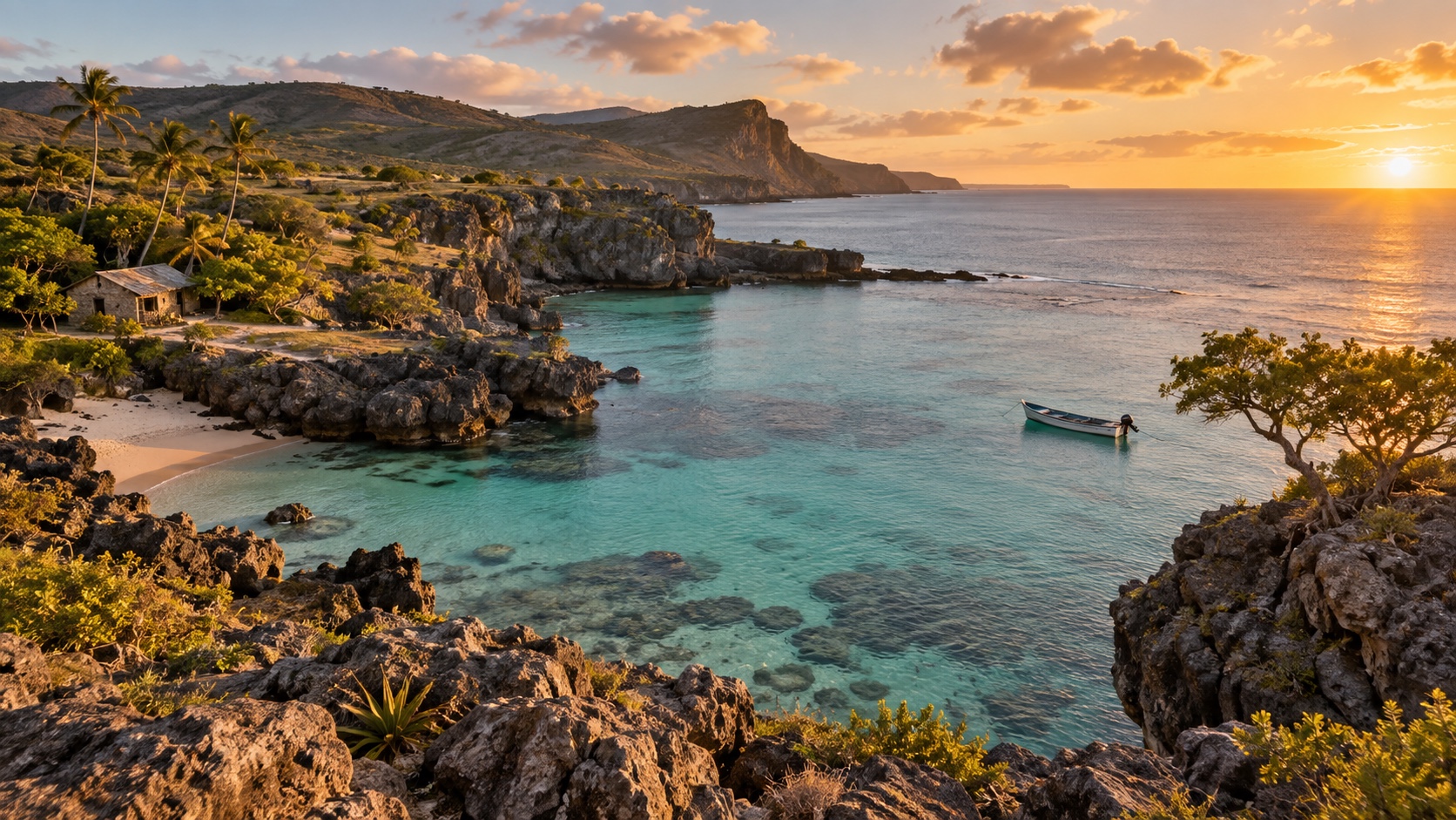 Rugged Rodrigues coastline and turquoise lagoon in warm evening light