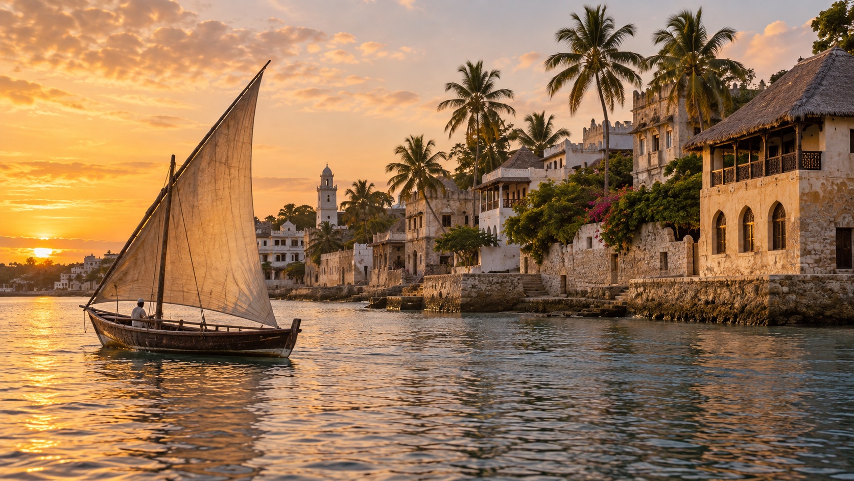 Traditional dhow and historic Swahili waterfront buildings in Lamu, Kenya
