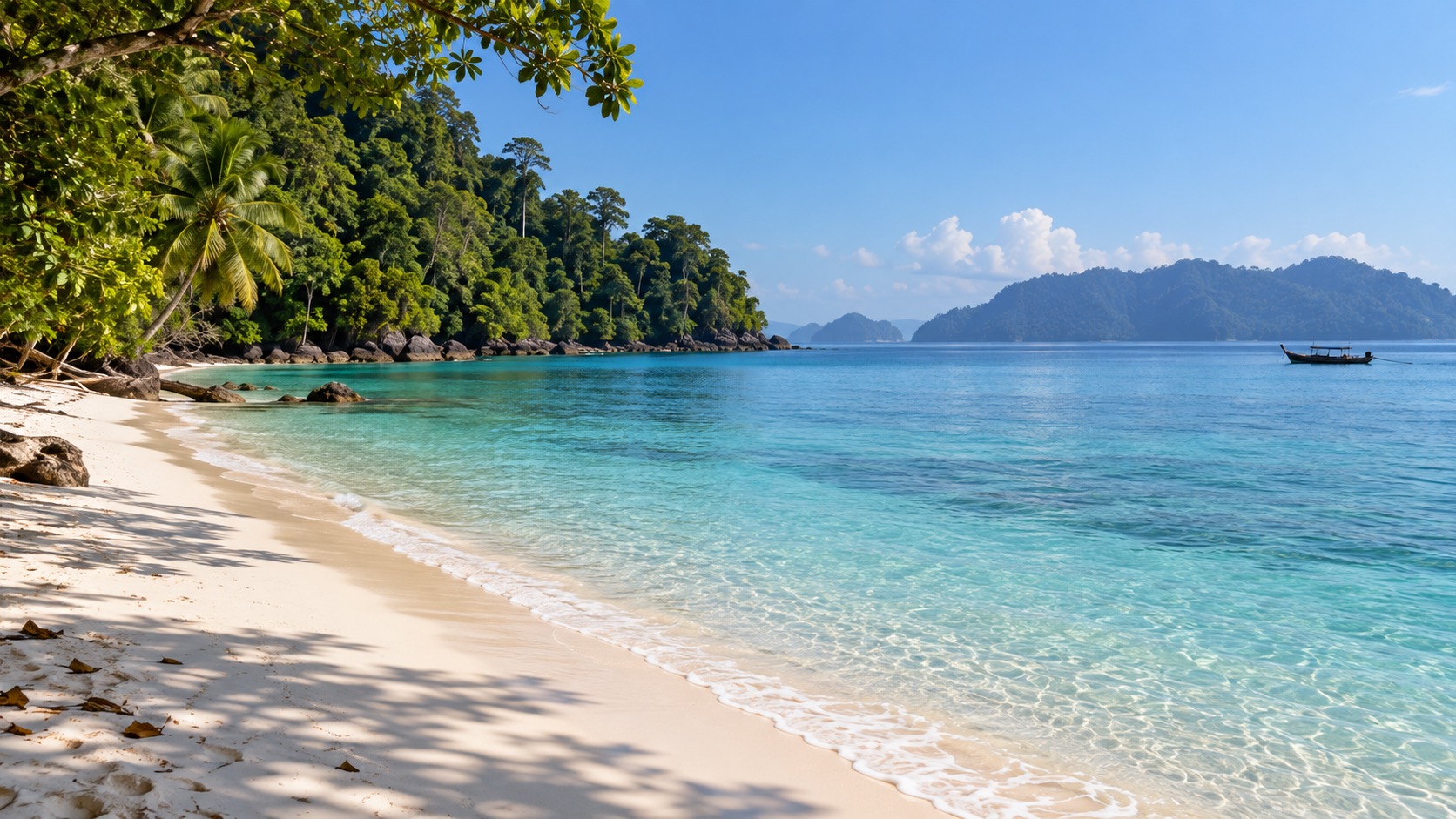 Quiet white sand beach and turquoise water framed by tropical forest in the Andaman Islands