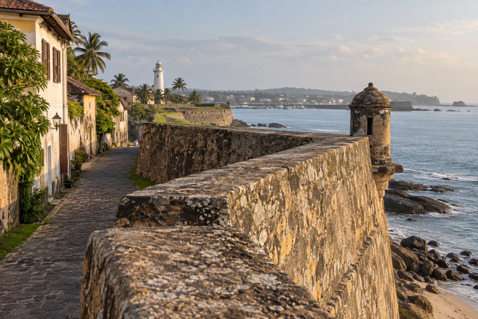 Historic Galle Fort ramparts, lighthouse, harbour, and Indian Ocean in Sri Lanka