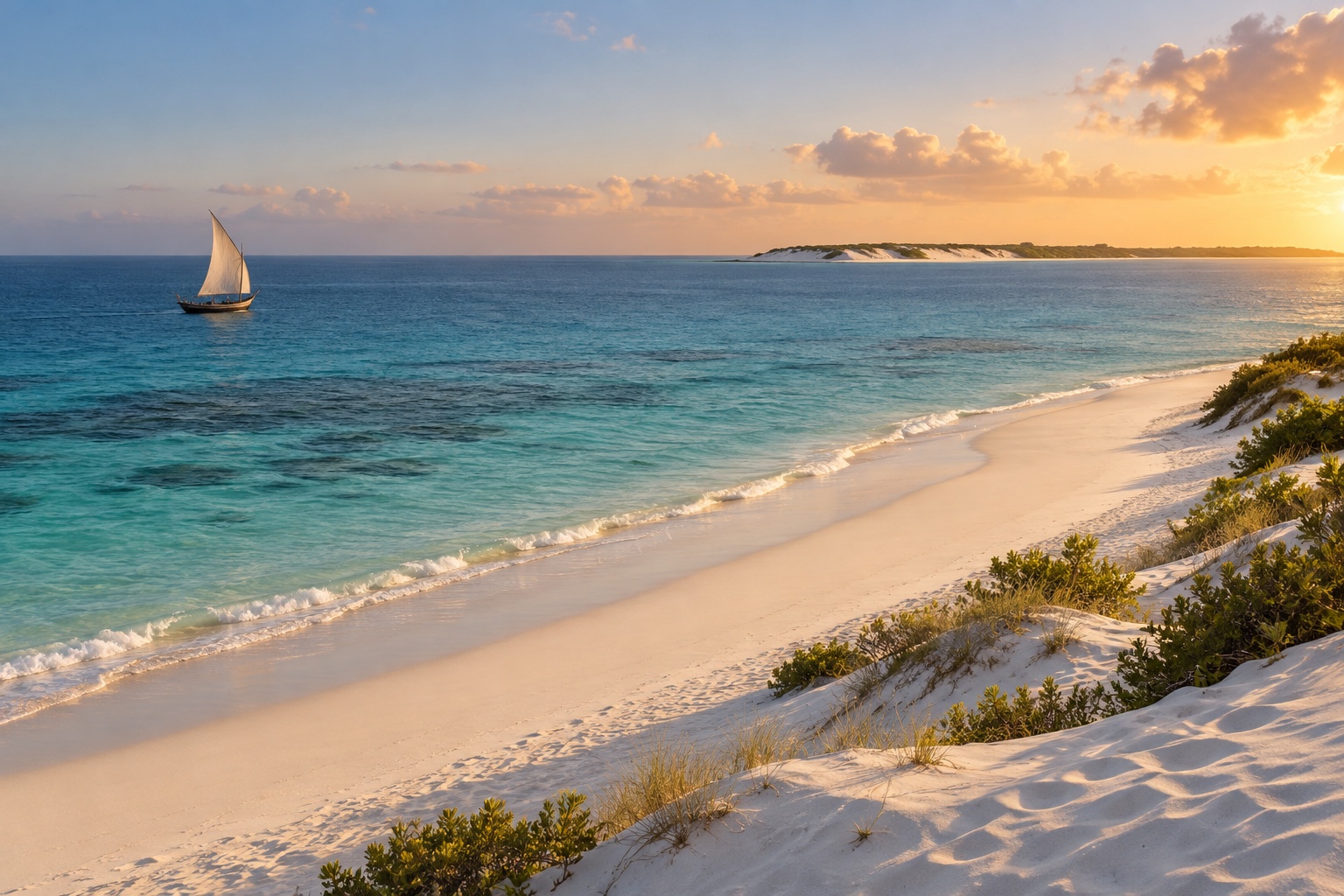 White beach, dunes, palms, and a dhow on Benguerra Island in Mozambique
