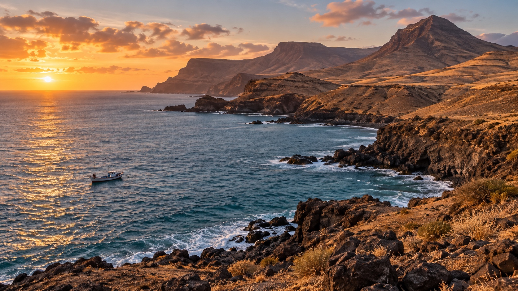 Rugged volcanic coastline and a fishing boat in Cape Verde’s Atlantic waters