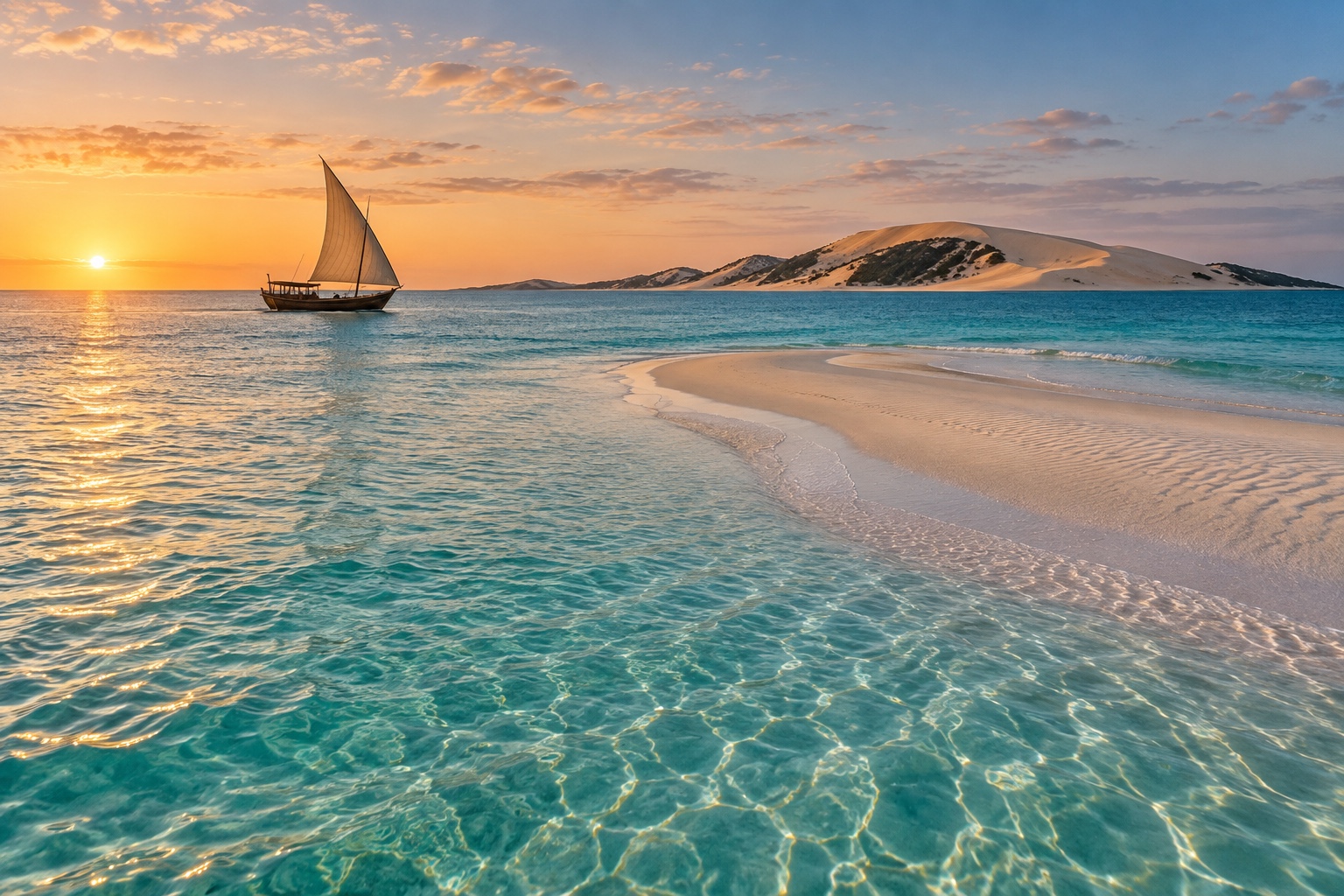 Pale sandbar, turquoise water, dunes, and a dhow in Mozambique’s Bazaruto Archipelago