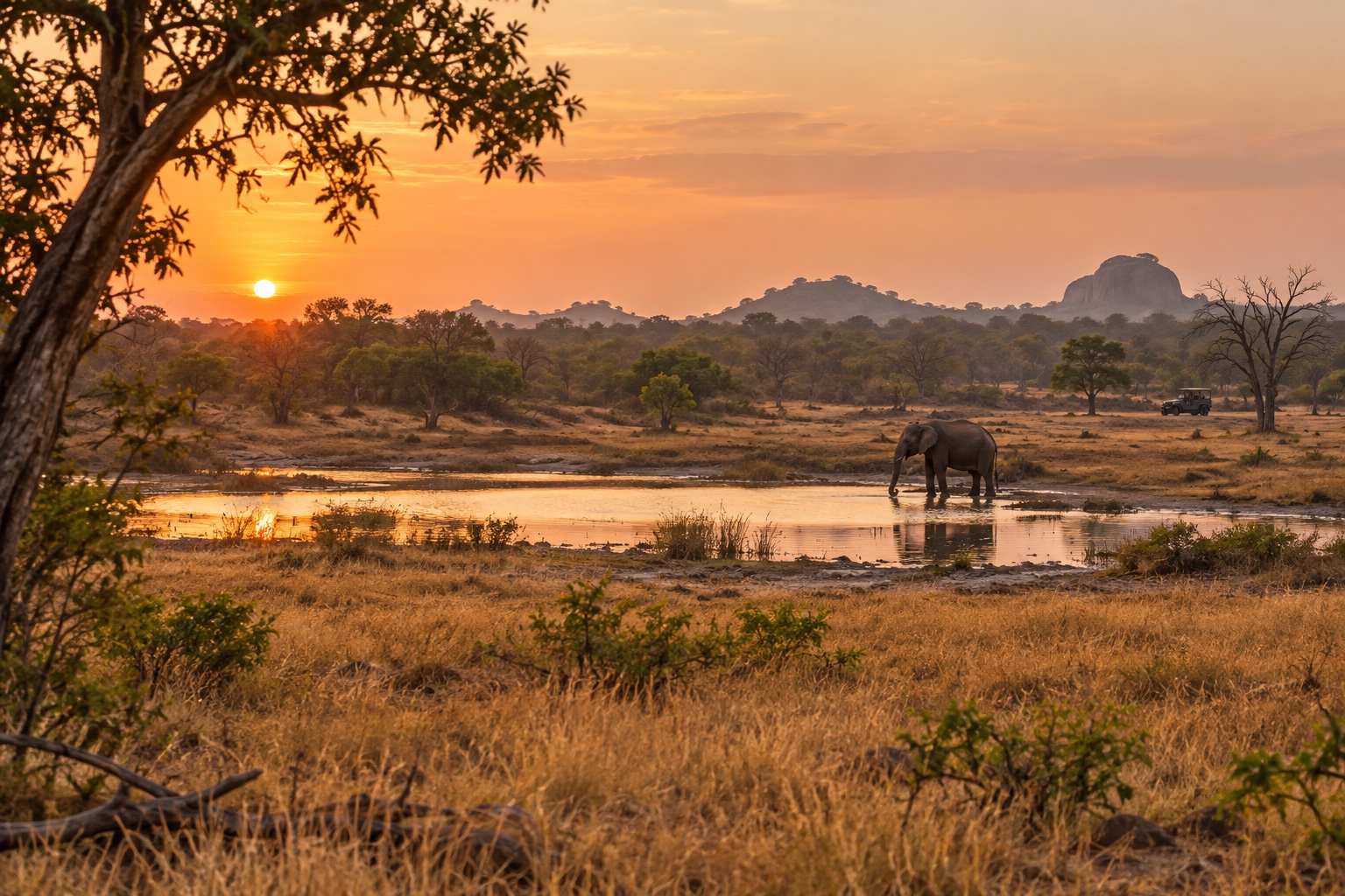 Elephant at a waterhole in Yala’s dry forest and grassland at sunrise
