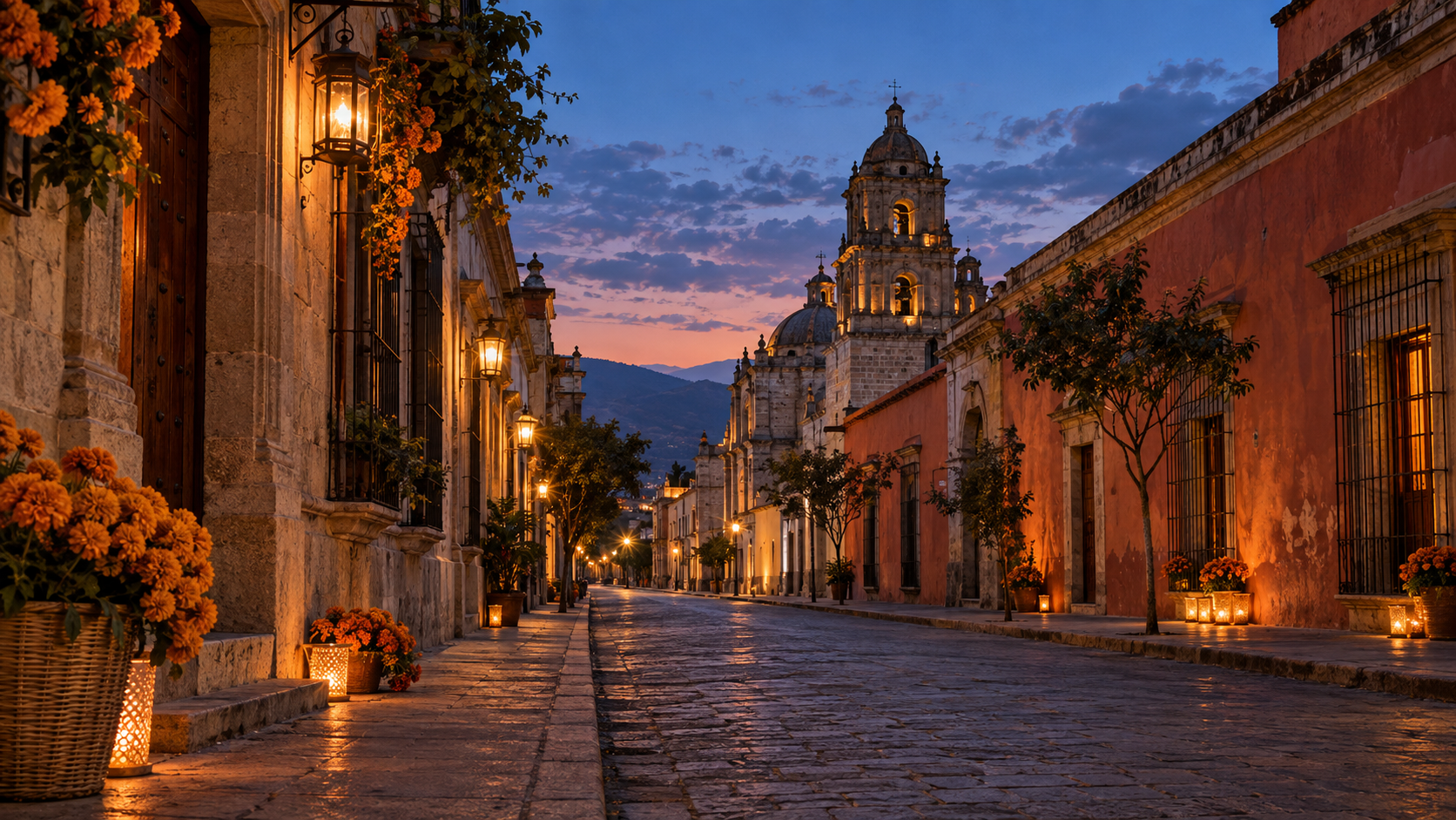 Twilight view of a historic Oaxaca street illuminated by lanterns and marigolds during Día de Muertos season.