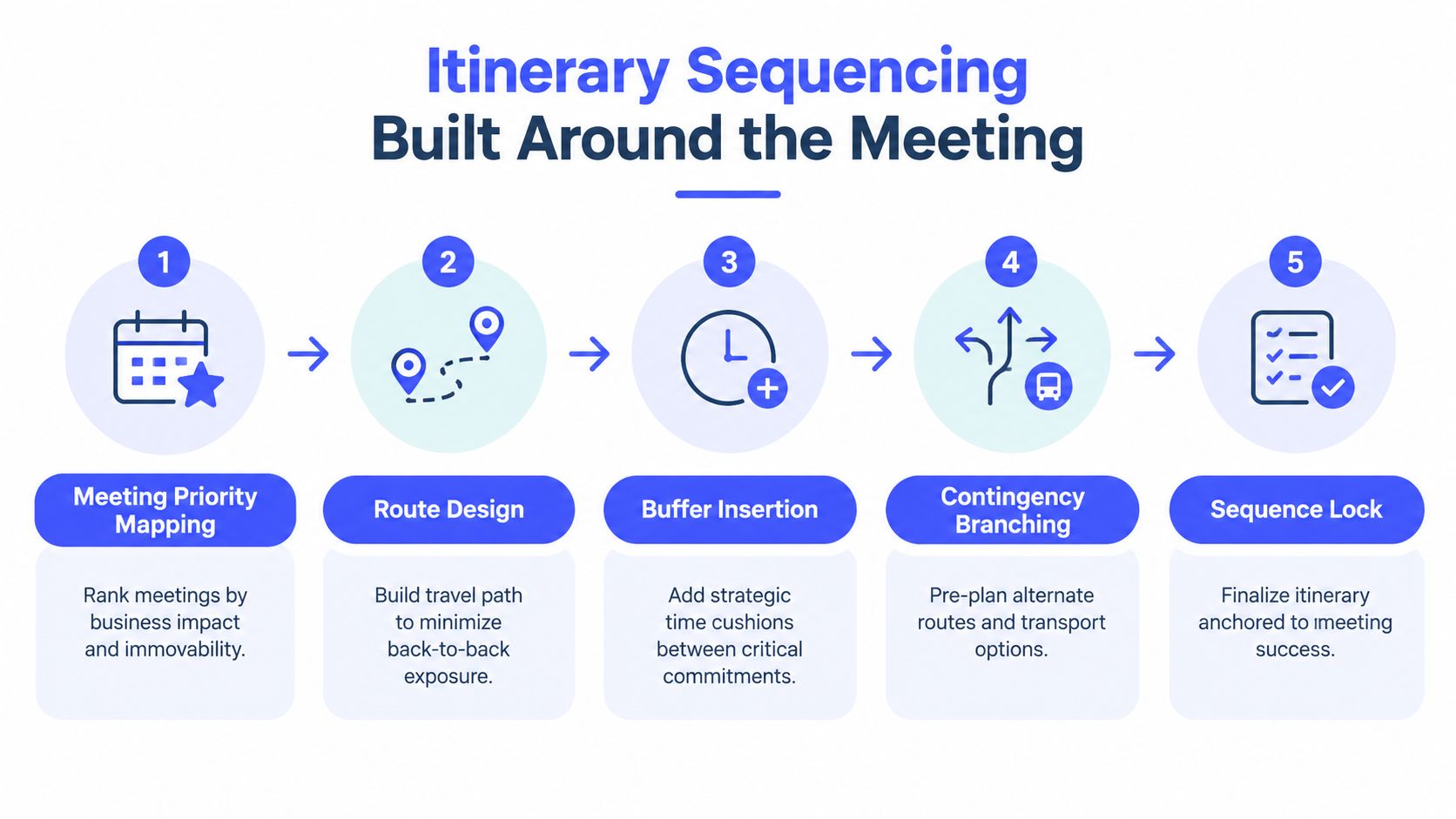 A five-step infographic illustrating an itinerary sequencing process built around managing business meetings and travel efficiency.